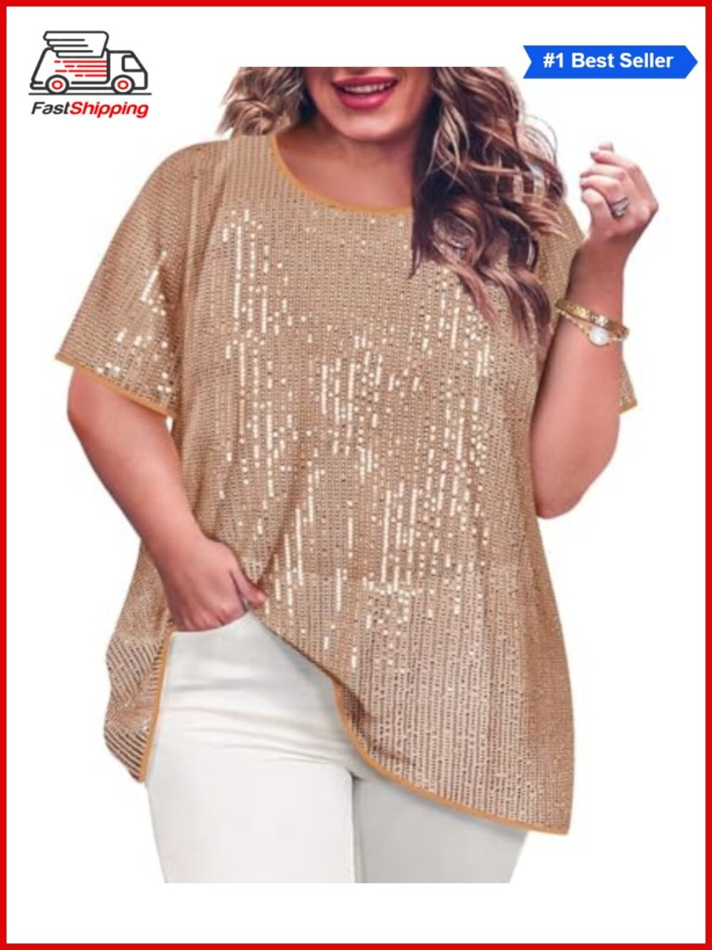 Plus Size Sequin Tops Women Crewneck Short Sleeve Slimming Tunic Party